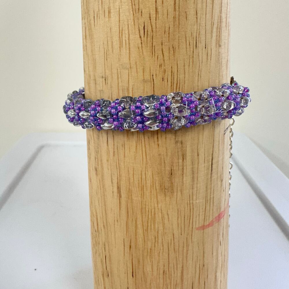 Boho Handmade Purple Silver Beaded Bracelet Gift Box Adjustable Jewelry 7” - 10”